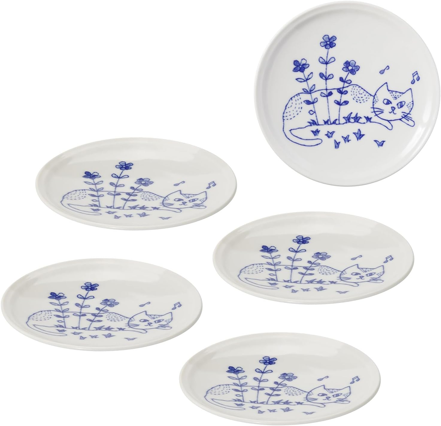 Mino Ware 507-05 Dish Serving Plate, Small Plate, Set of 5, Diameter 5.5 inches (14 cm), Microwave & Dishwasher Safe, Tableware, Lightweight, Sitting Cat, Made in Japan