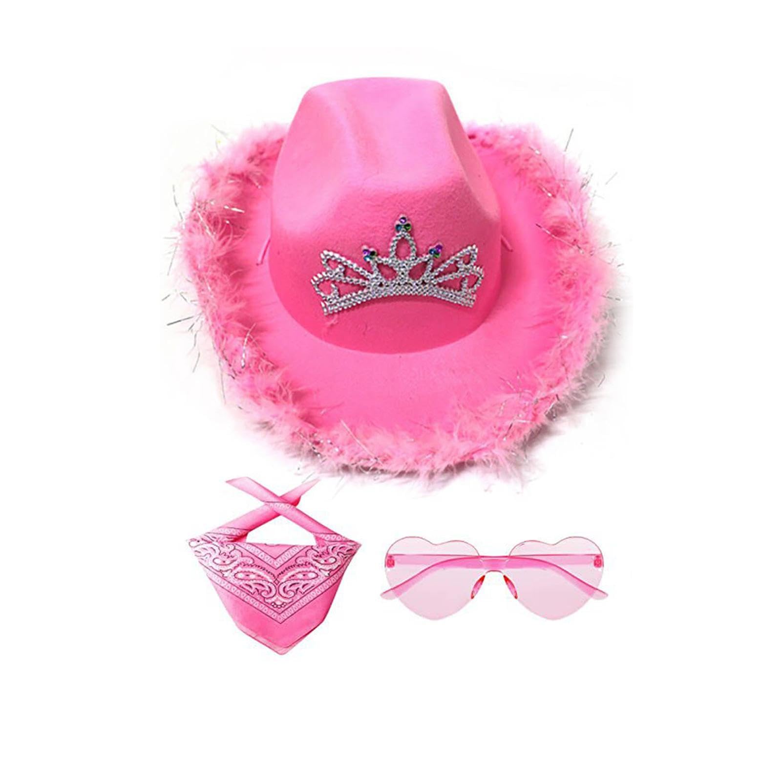 Xujuika Sombrero Cowgirl Plumas Mujer Y Niña, Gorro Va-quero Sombrero Cowboy Cowgirl De V-aquero+PañueloAlgodón+Gafa Corazones Para Despedida De Soltera, Disfraces De Halloween