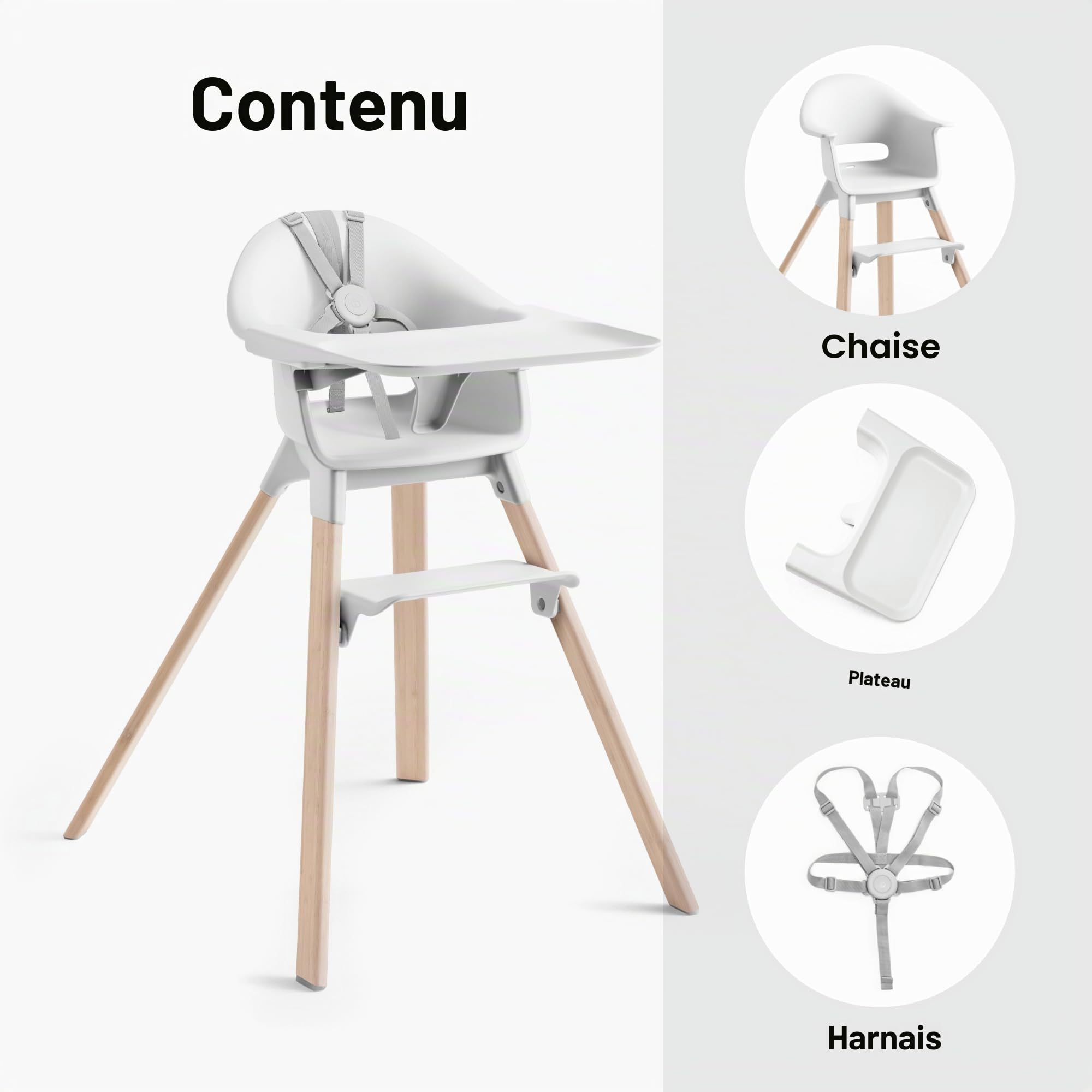 Stokke Clikk Chaise haute portable pour bébé avec plateau, repose-pieds et harnais – Assemblage facile sans outil pour la maison et les voyages, 6 mois à 3 ans, blanc