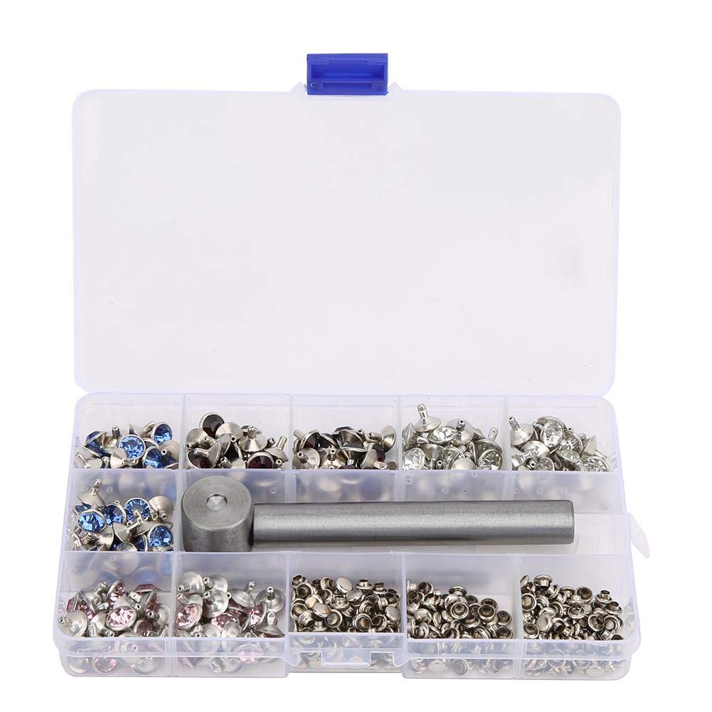HEEPDD 200 Stück Diamant Nieten Set, 4 Farben Punk Doppelseitige Dekor Kristall Nieten Schnelle Leder Basteln Nieten mit Werkzeugkasten für Ledergürtel Schmuck Schuhe, 10 MM