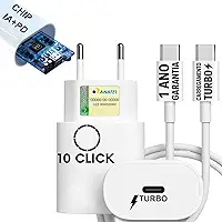 Carregador Turbo Compatível Novo iPhone 17 Air 17 Pro 17 Pro Max 16 16 Pro 16 Pro Max 15 Pro 15 Max iOS Android Entrada Tipo-C + Cabo USB-C Super Rapido Fonte Para Celular Certificado Original 10CLICK