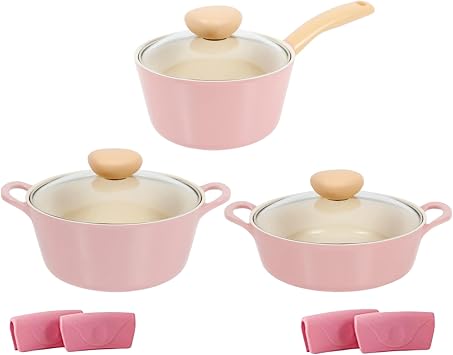 Neoflam Retro Pink 6-Piece Cookware Set with Glass Lid Nonstick Casserole Pot, Saucepan & Dutch Oven for Healthy Cooking, Simmering, Stewing, Kitchen Decor, Made in Korea