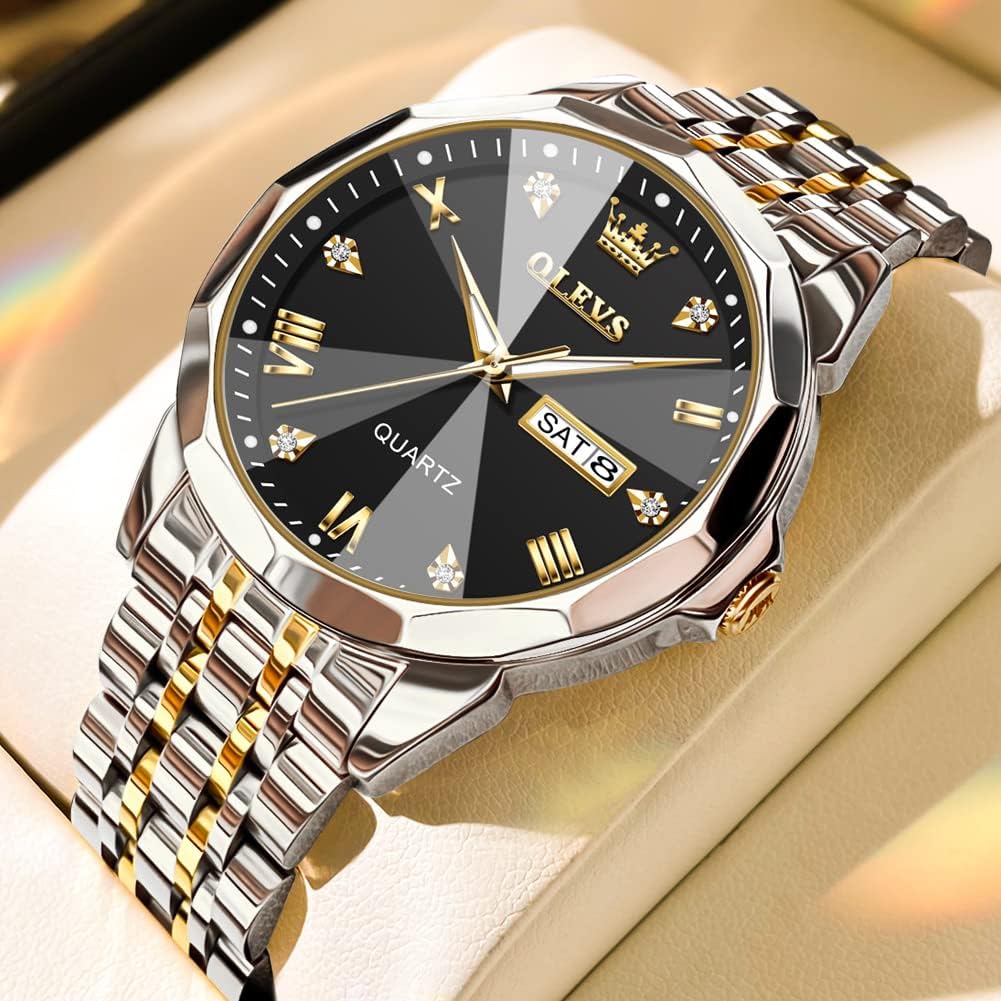 OLEVS Mens Watch Stainless Steel Analog Quartz Watches for Men Day Date Easy Read Diamond Waterproof Dress Luxury Classic Casual Big Face Blue/Black/Gold/Silver Roman Arabic Numerals Men's Wrist Watch - Image 4