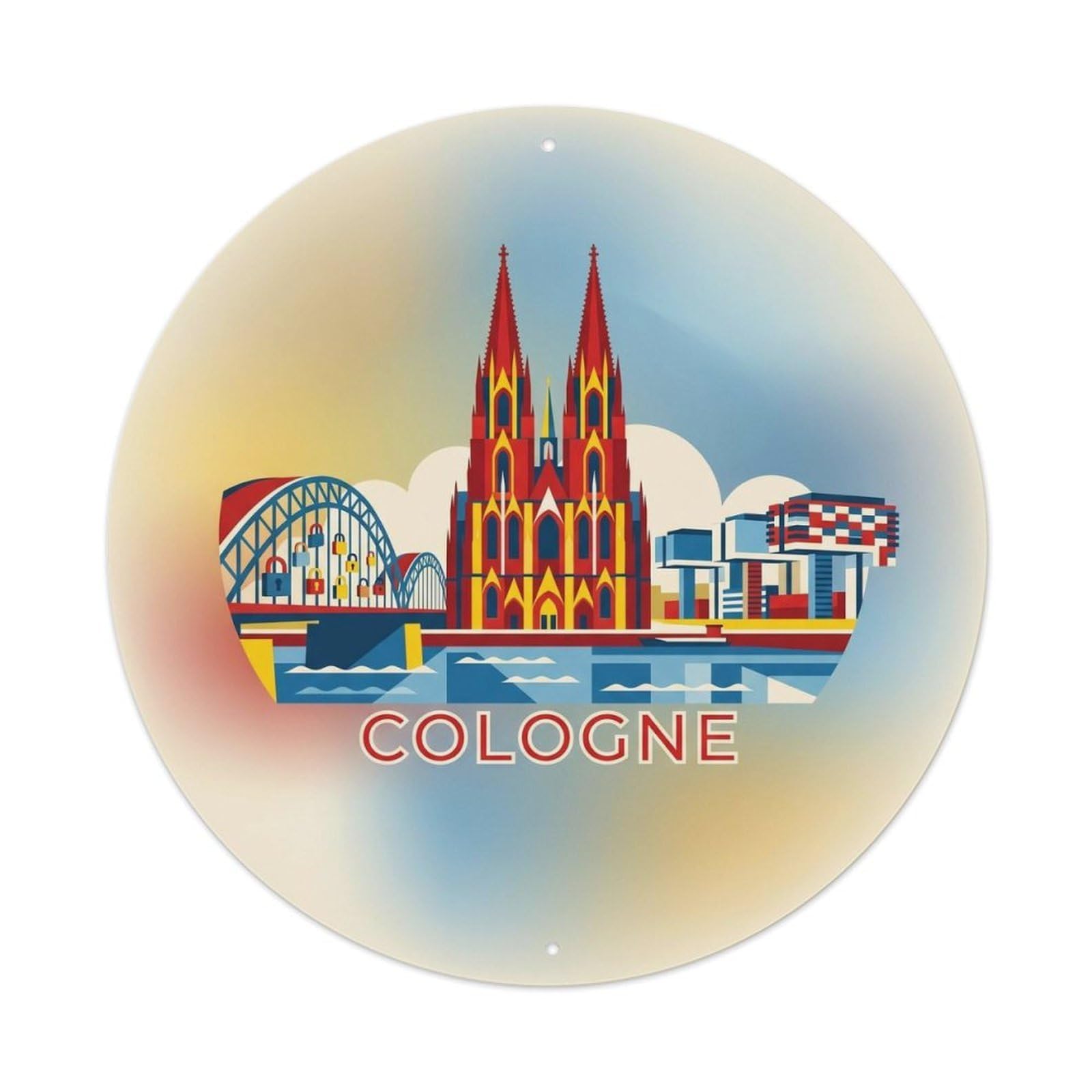 Cologne Cathedral Bridge Flat Red Travel Map Cityscape Metal Tin Sign Plaque Wall Decor for Cafe, Man Cave, Club Bar, Office, Home Garden Round Metal Poster 8x8Inch