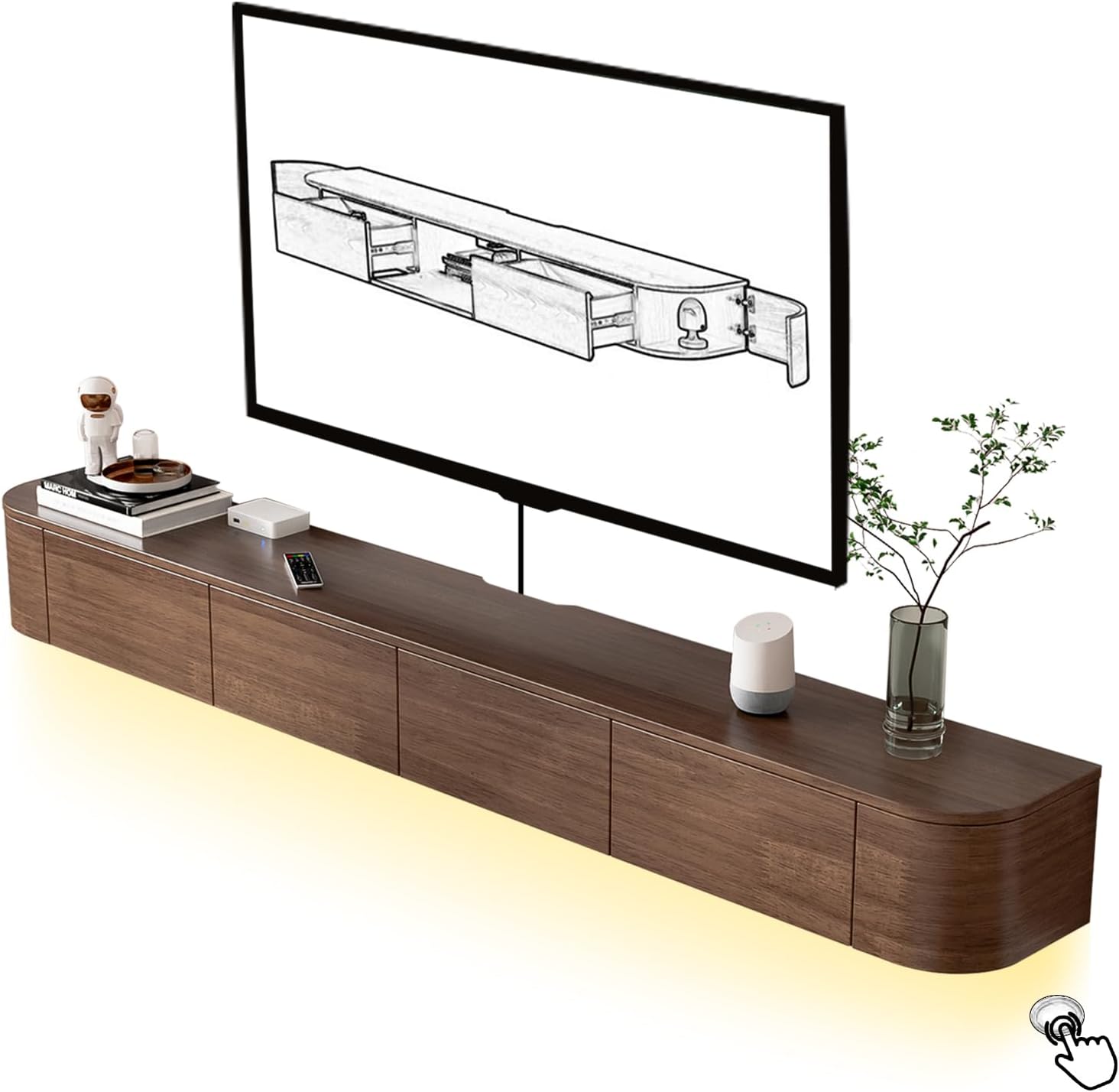 Floating TV Stand with LED Lights, Wall-Mounted TV Stand with Side cabinets and 2 Drawers,Entertainment Media Console Center, Large Storage Shelves Under TVs (Walnut, 160 * 20 * 30cm)