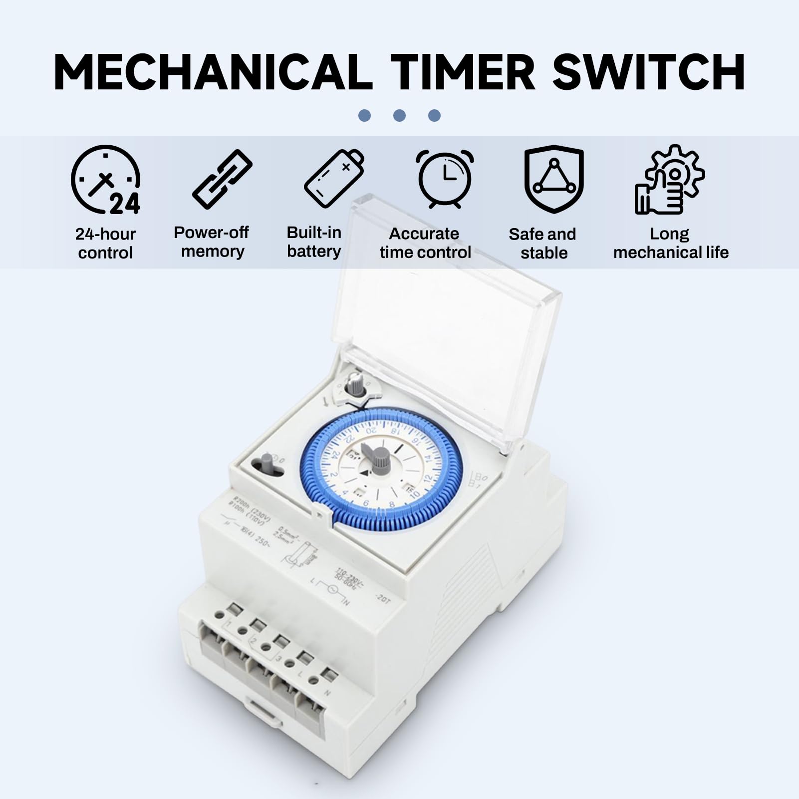 Jadeshay Horloge Piscine Mécanique 16A 250VAC Programmateur Piscine Horloge Chauffe Eau 15 Minutes 24 Heures pour Hogar, Cocina, Interior, Exterior Iluminación Exterior