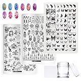 EBANKU 3 Pcs Nagel Stempelschablonen Stempelplatte Nail Art Plates Set, NagelStempel Maniküre Stamper Scraper 150 Schmetterling Blume Traumfänger Muster mit 1 Stempel und 1 Schaber