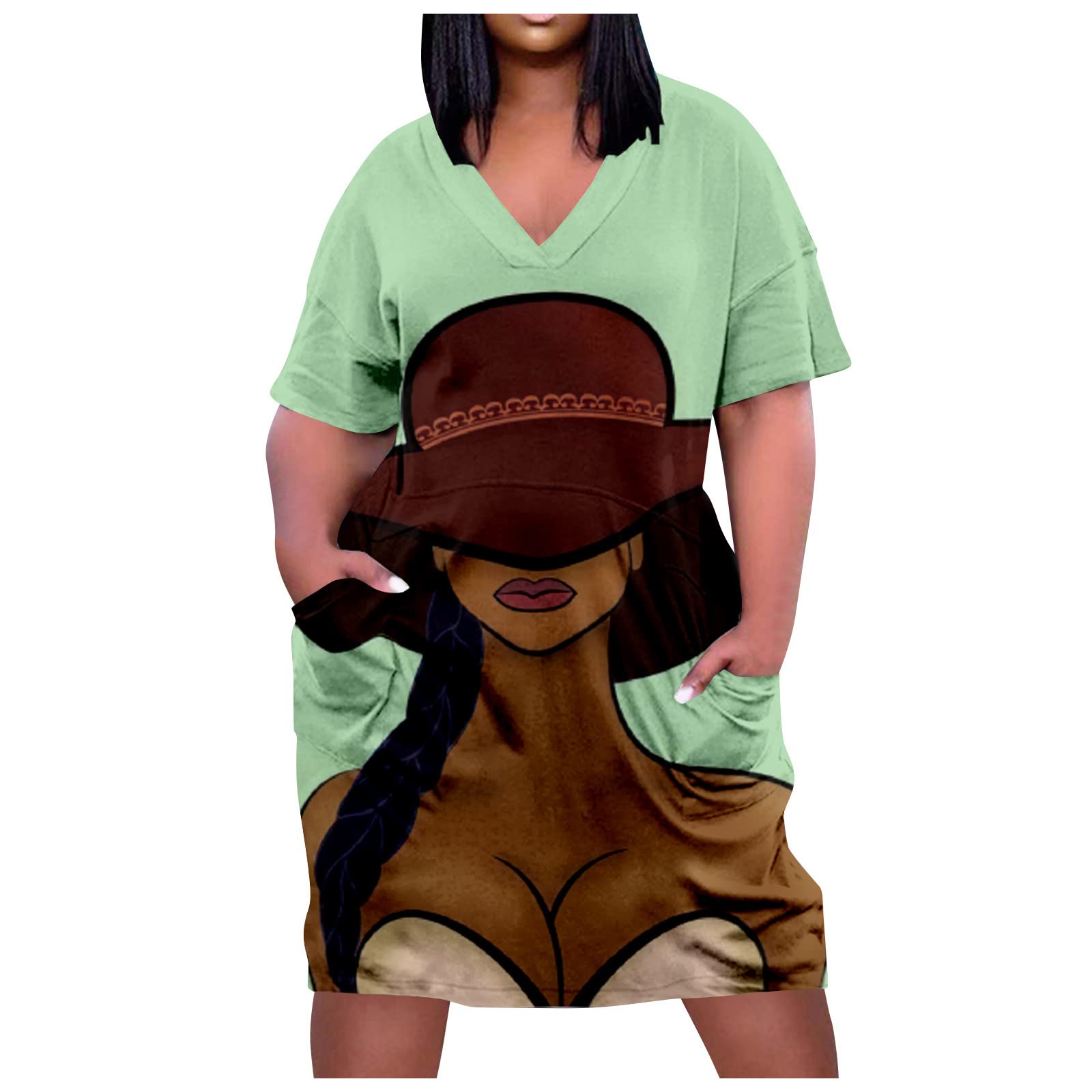 GIANTHONG Plus Size Women Short Sleeve Trendy Print Dress V Neck Empire Waist Flowy Loose Fit Midi Dresses with Pocket