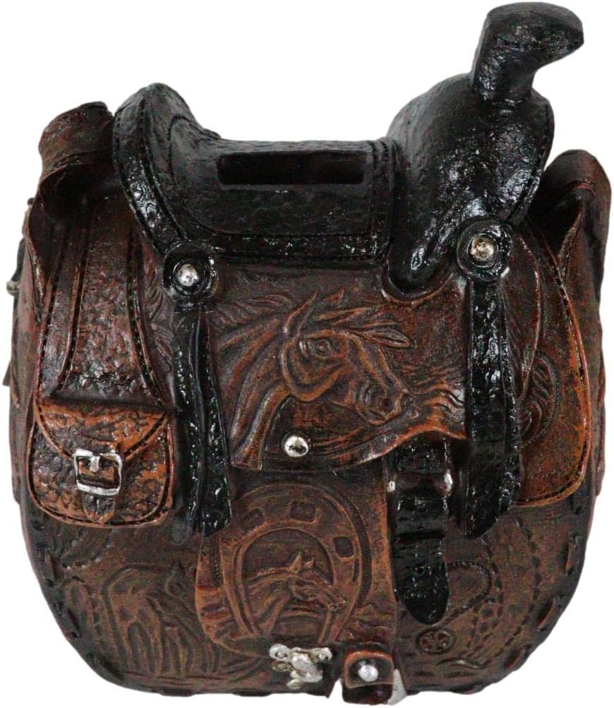 Ebros Gift Set of 2 Rustic Western Faux Tooled Leather Cowboy Cowgirl Horse Saddle Money Coin Savings Piggy Bank Decorative Figurines 6.5" High Southwestern Accent