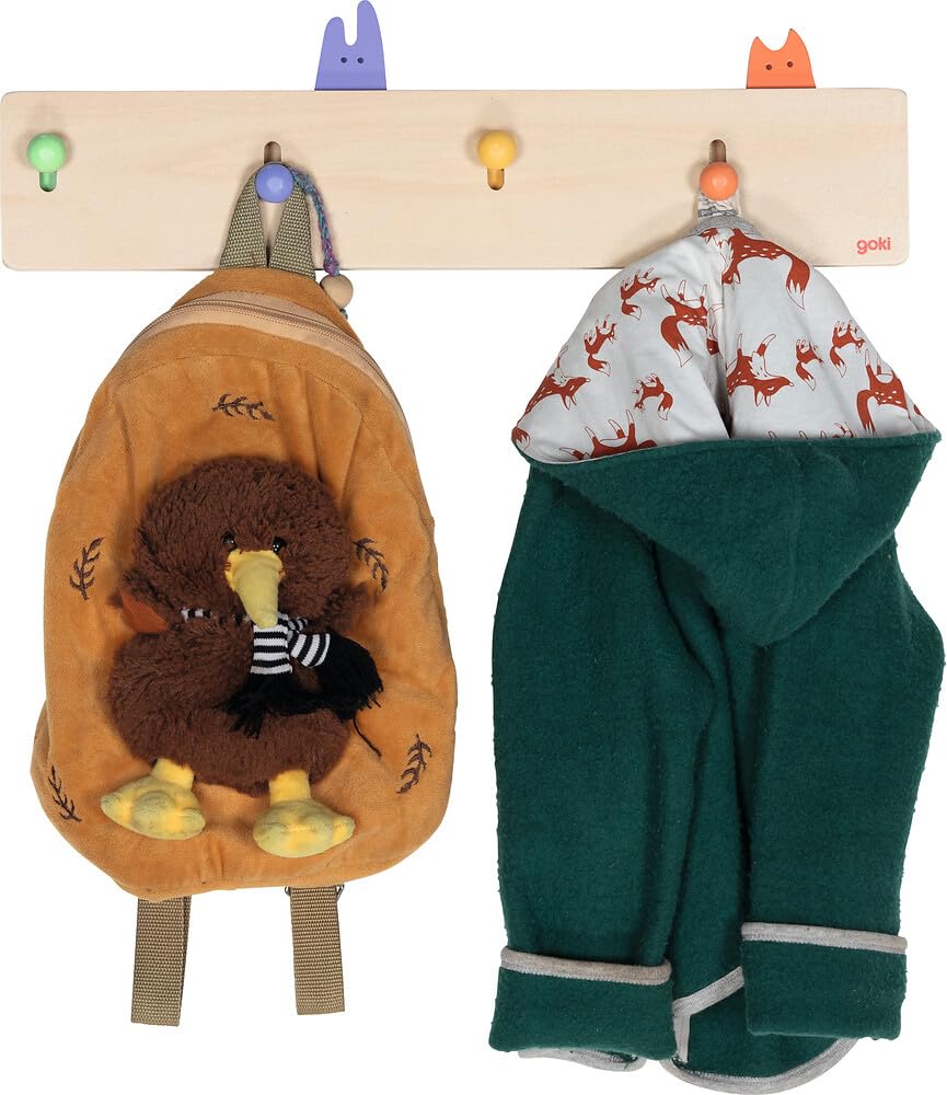 goki 60834 - Garderobe Kuckulino, Kinder-Garderobe mit 4 Kleiderhaken und niedlichen Pop-Up Tiermotiven, aus Holz - Kinder-Garderobenleiste mit Funktion