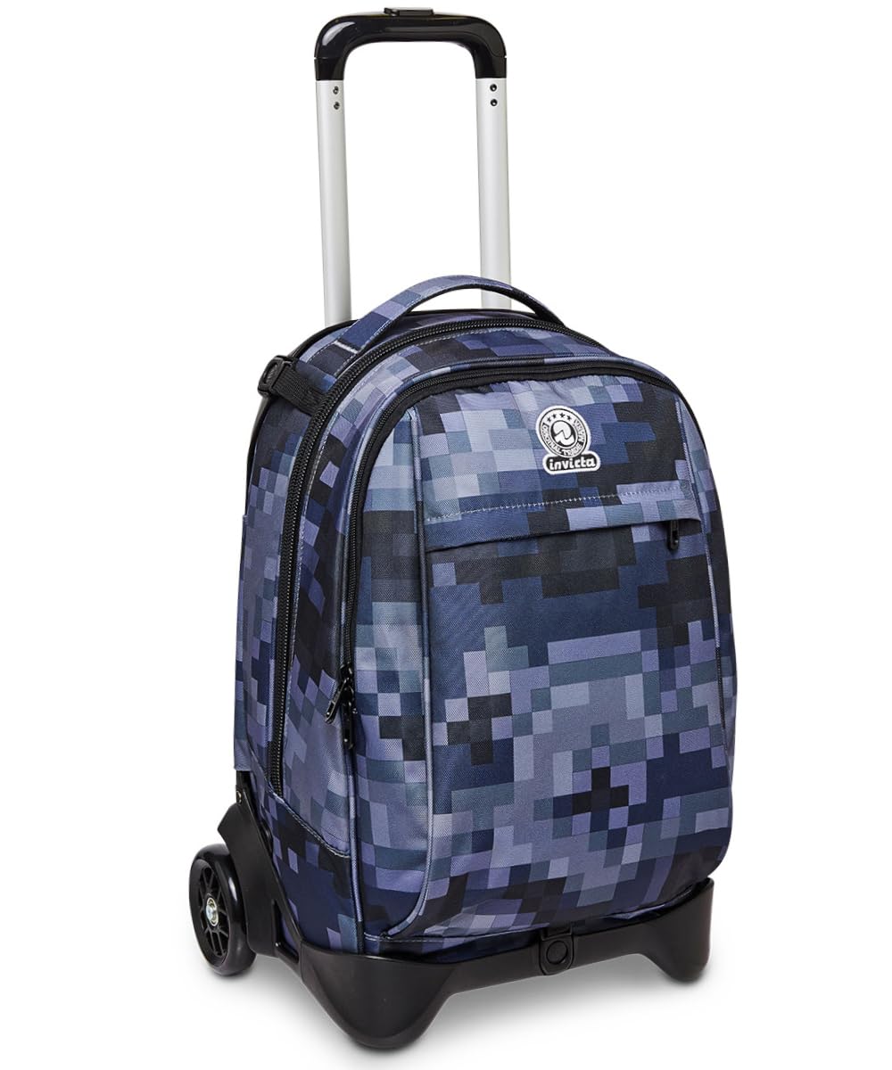 Invicta Trolley Scuola Sganciabile New Tech Fantasy, Blu, Pixel Camo Blue, 3 in 1, Triplo Uso, Zaino con Carrello Sganciabile e Tasca Porta PC, Zaini e Trolley, Scuola, Bambini e Ragazzi