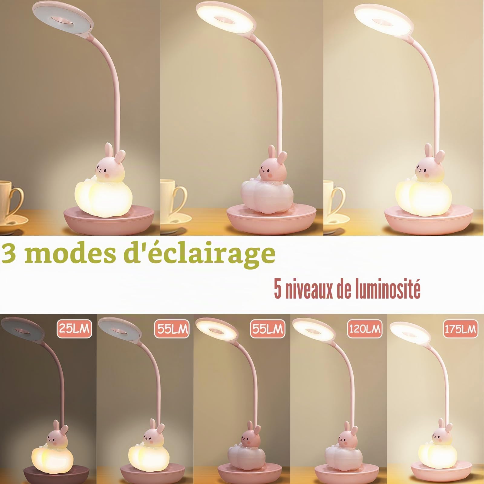 LED Lampe Bureau Enfant Fille, Lampe de Table 3 Niveaux de Lumière et 5 Combinaisons, Lampe de Bureau à toucher press Enfant pour fille, Lampe Kawaii Rechargeable Lapin Rose (ROSE)