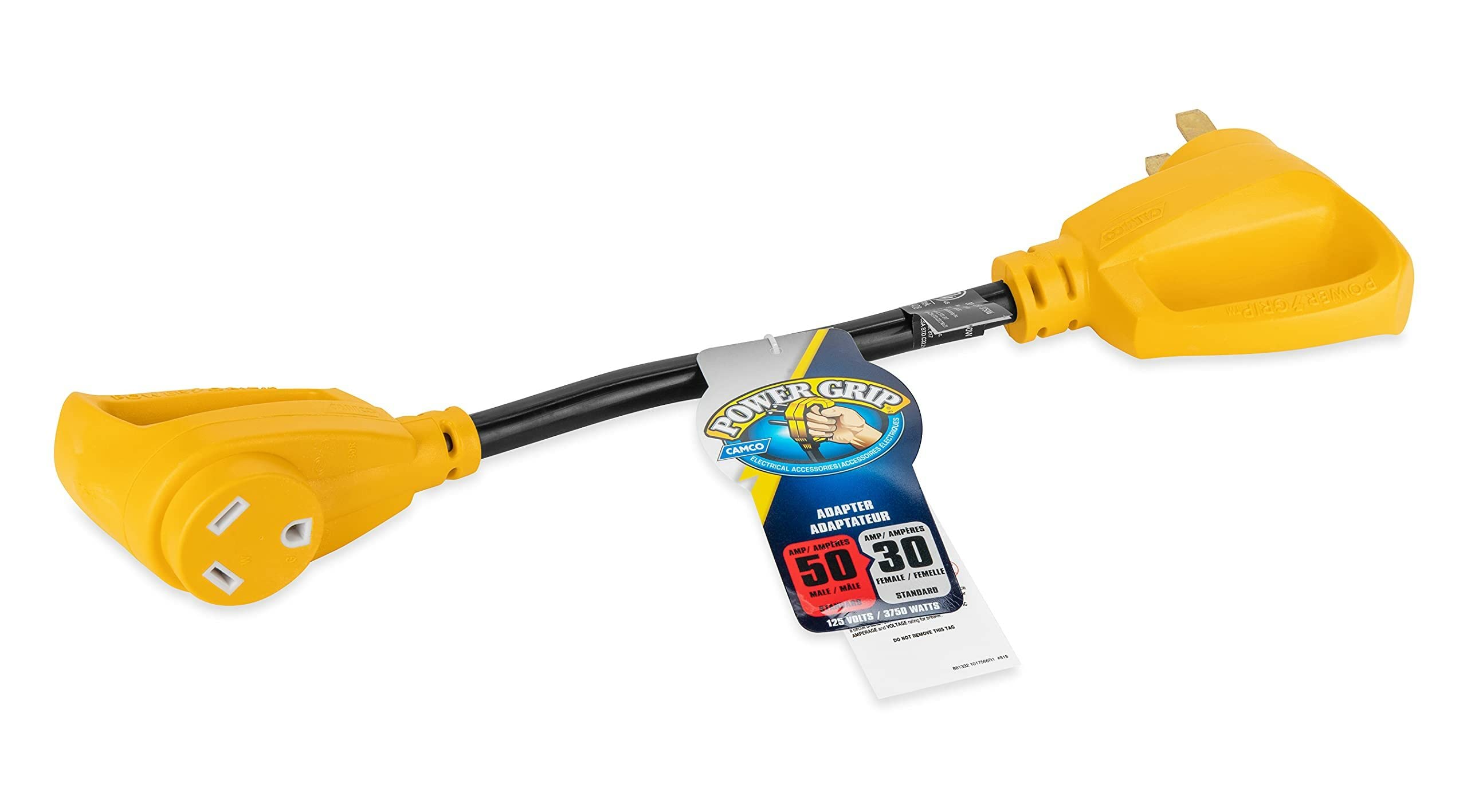 Camco PowerGrip Dogbone RV Electrical Adapter - Features Heavy-Duty 50-Amp Male and 30-Amp Female Connections - Crafted of 100% Copper 10/3-Gauge Wires & Rated for 125V/3750W (55175)