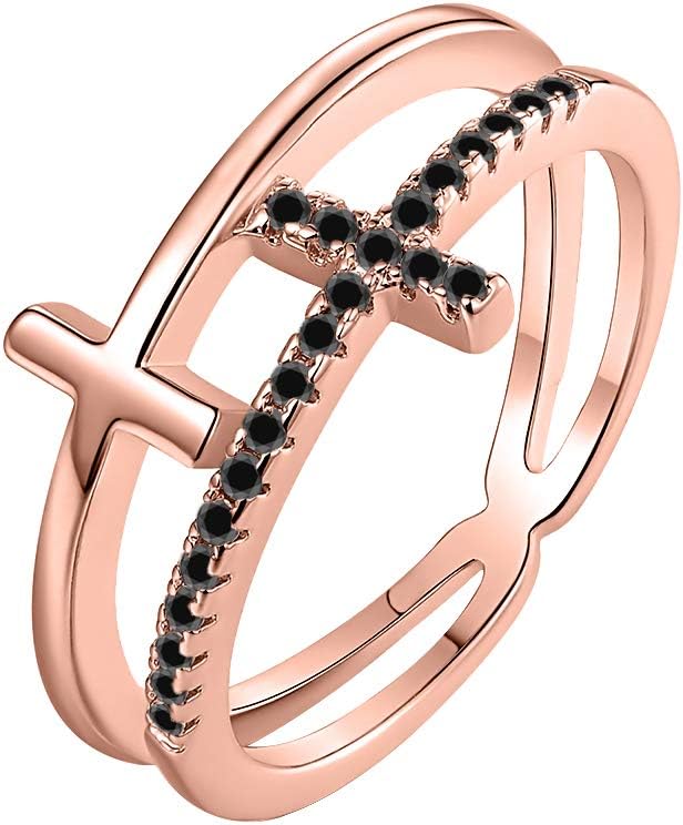 Womens Elegant 925 Sterling Silver Round Cut Gemstone 14K Rose Gold Double Cross Ring Christian Fashion Wedding Band