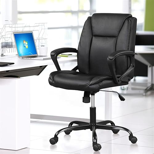 Silla de oficina con soporte de respaldo medio, silla de escritorio ergonómica con soporte lumbar y brazos, silla de computadora de piel sintética