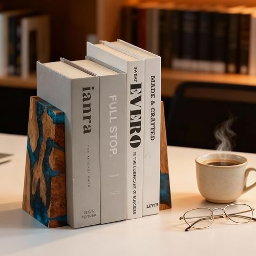 Miniatura 2 de Sujetalibros que brillan en la oscuridad, extremos de libro luminosos azules con madera y resina de Burl, carpeta decorativa para libros y