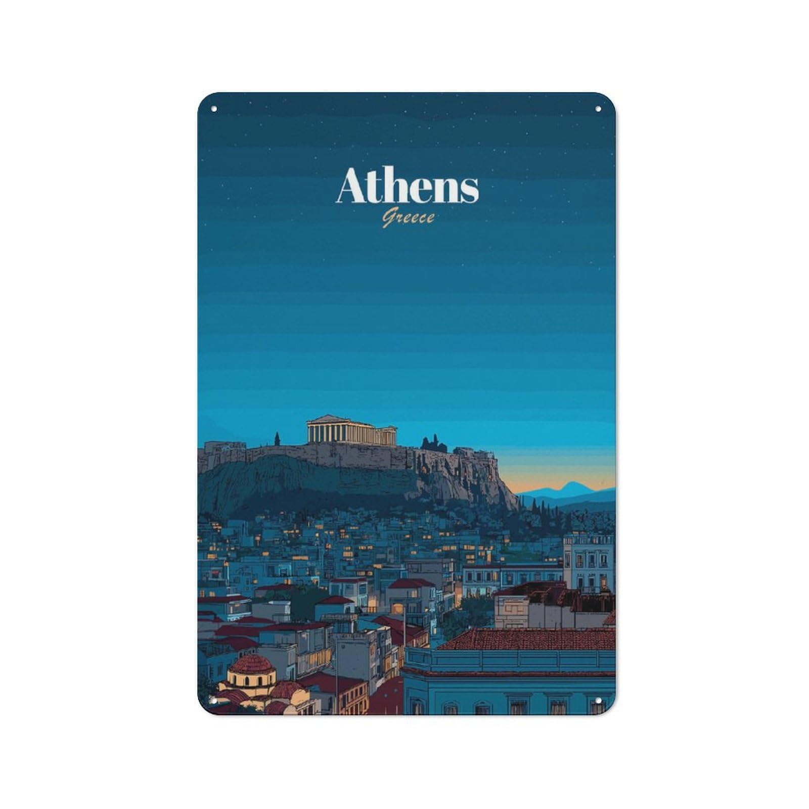 Junmoney Style-1 30X20cm Retro Tin Sign With Athens Cityscape At Night For Lounge Or Reading Corner, A Decorative Metal Sign For Lounges And Reading Corners