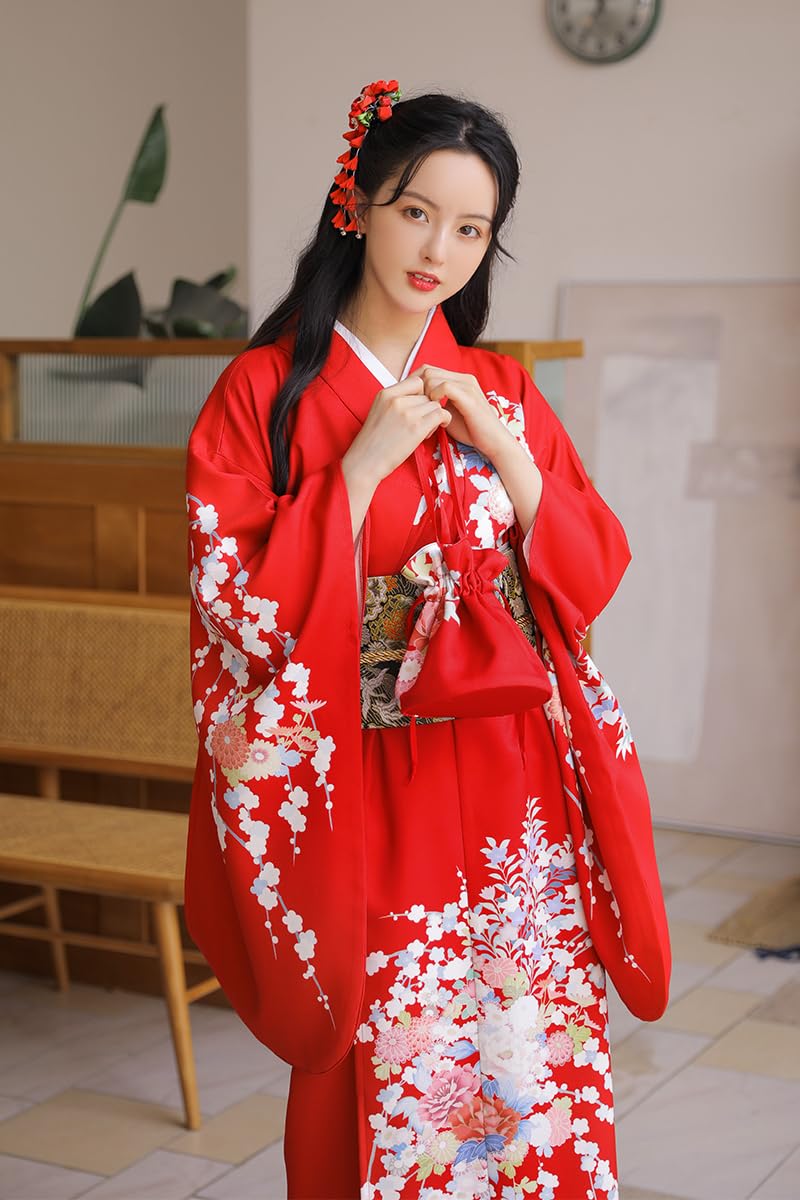 NELLN Women Traditional Japanese Kimono Red Color Floral Prints Long Sleeve  Yukata Vintage Performing Dress Cosplay Costume (Color : 1, Size : S  147-155) : Amazon.co.uk: Fashion