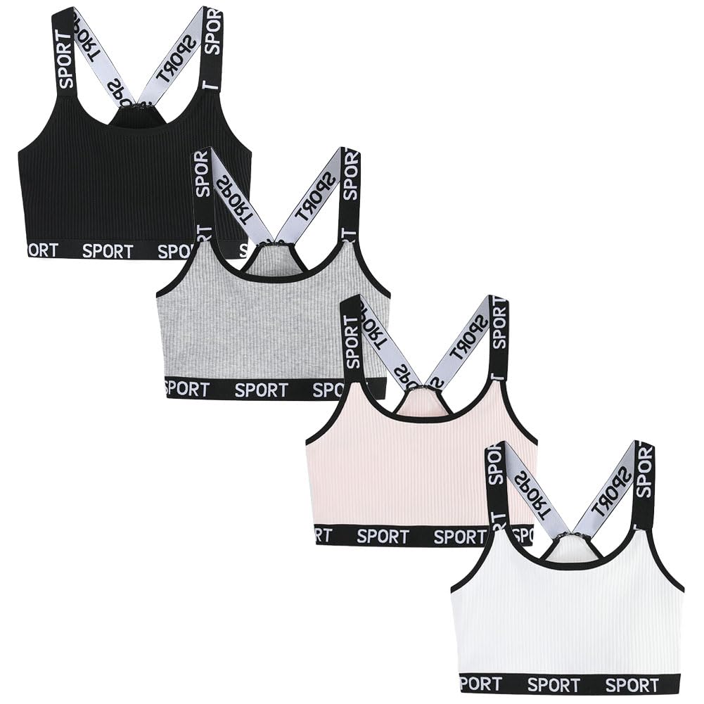 FedMois Girls Sports Bra Unpadded Crop Top Cotton Pack of 4, Grey, Black, White and Pink