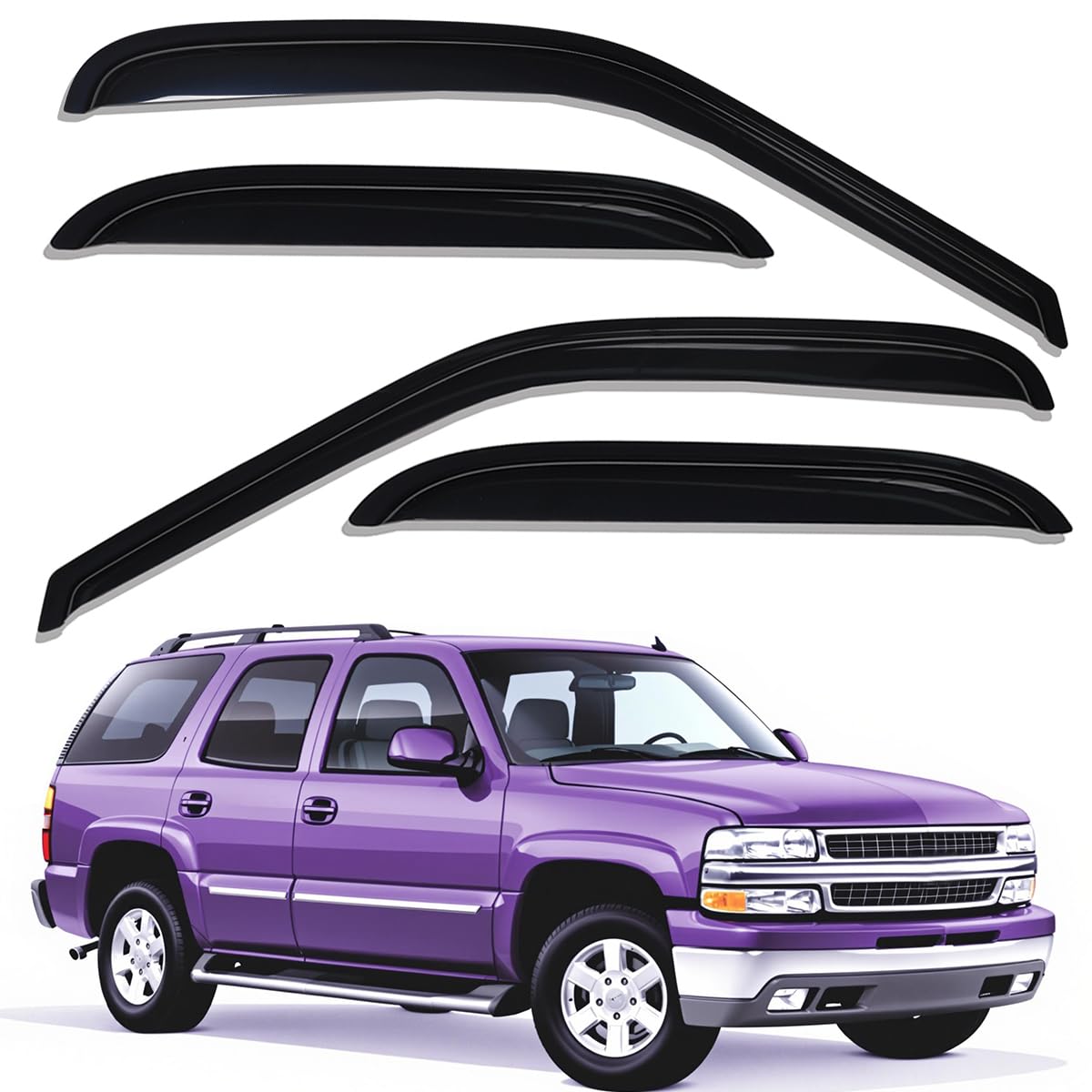 Lightronic WV94304 Tape-on Side Window Visor Deflector Rain Guard, Dark Smoke Shatterproof, 4 PCS for 2002-2006 Cadillac Escalade, 2000-2006 Chevrolet Tahoe/GMC Yukon, 2001-2006 Yukon Denali