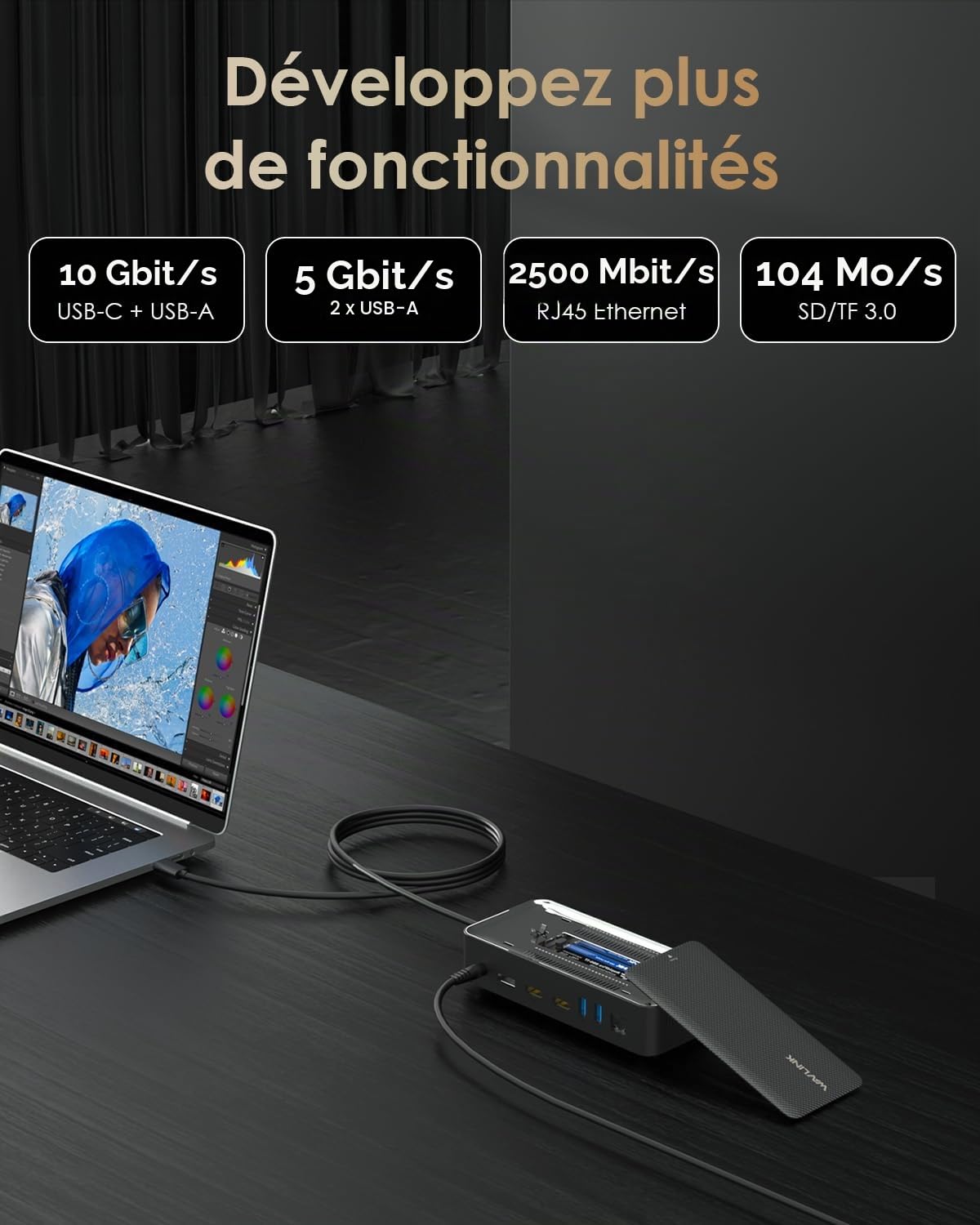 WAVLINK Station d'accueil pour Ordinateur Portable pour Trois écrans (8K @ 30Hz/4K @ 144Hz), Station d'accueil USB-C avec boîtier SSD M.2 PCIe/SATA, Prend en Charge 100 W Power Delivery, USB C/A, SD