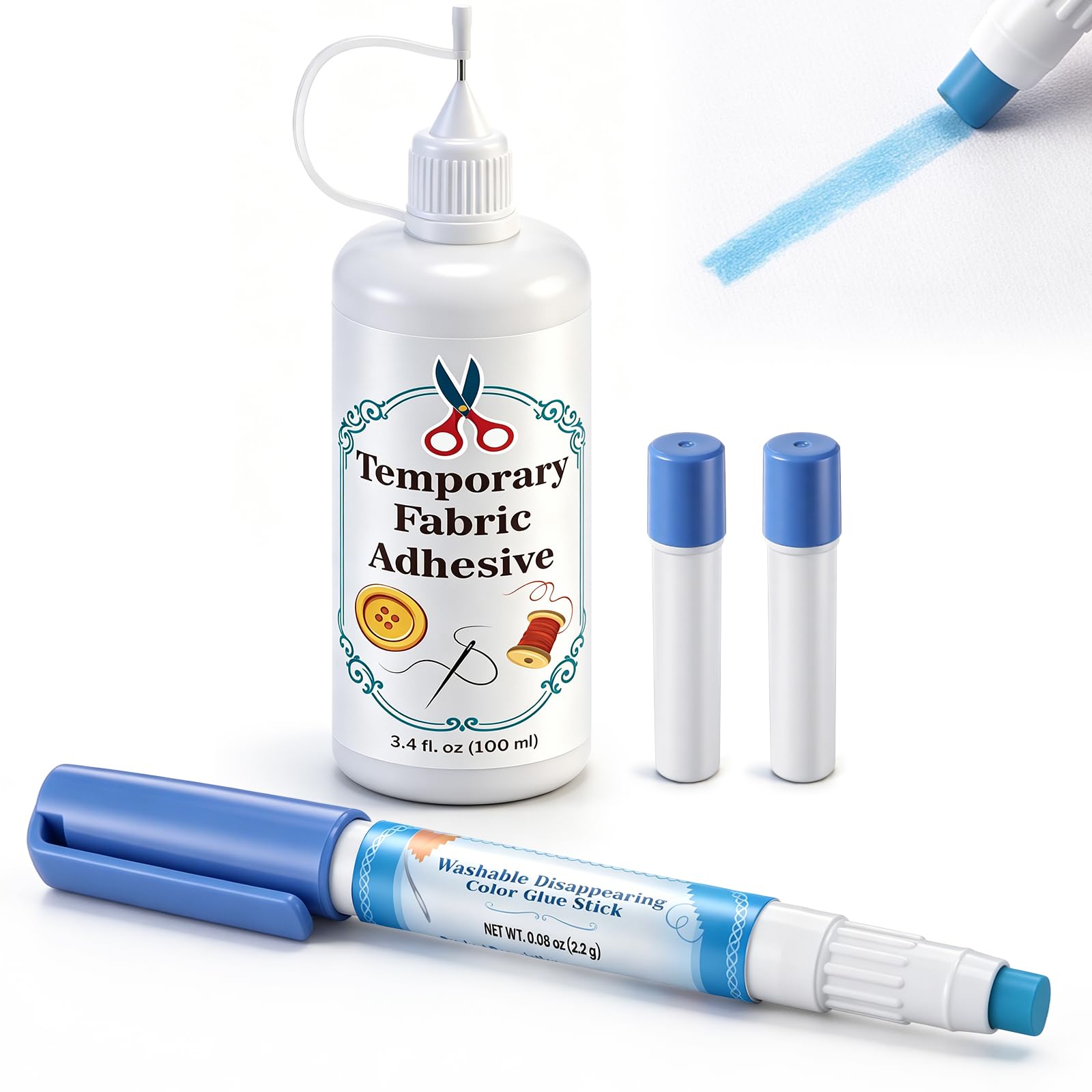 Photo 1 of Temporary Fabric Glue Kit, 3.4oz Water Soluble Sewing Adhesive with Disappearing Blue Glue Pen and 2 Refills for Quilting, EPP, Applique, Patchwork and Fabric Basting