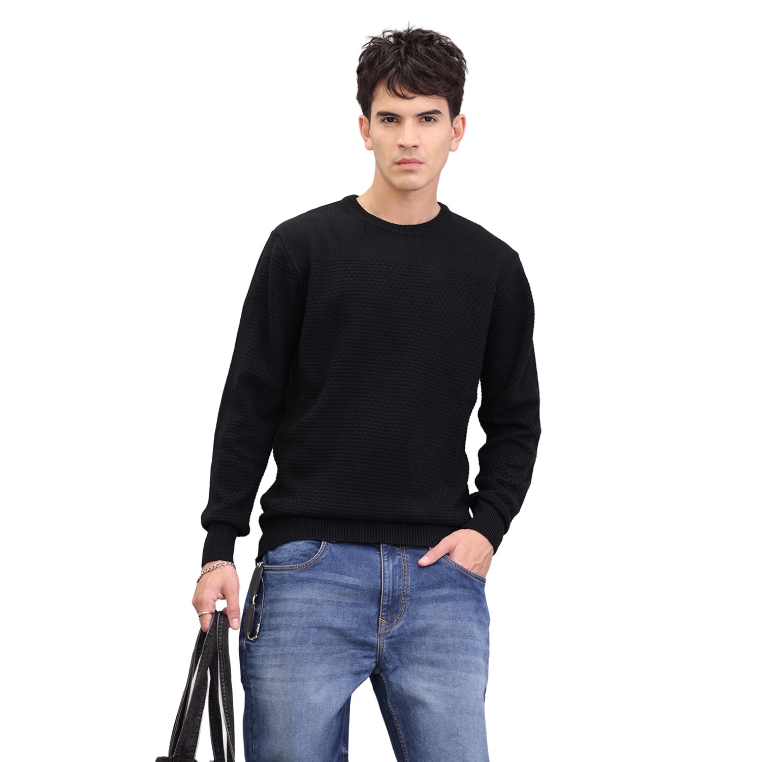 wrogn Men's Black Solid Textured Pullover-picture-41