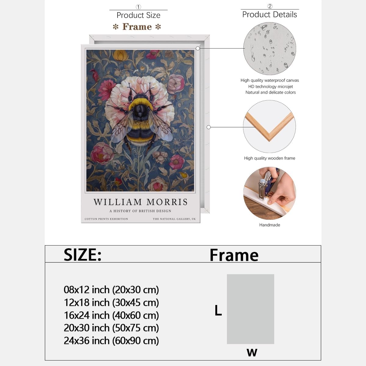 William Morris Bumble Bee Botanical Wall Art Posters Decor for Kitchen Garden Vintage Botanical Textile Print8x12inch Framed