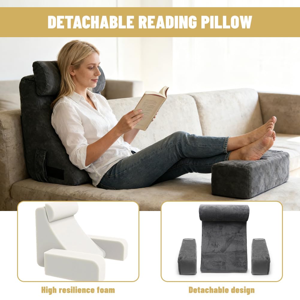 Poduszka do czytania na łóżko i sofę, poduszka pod plecy z podłokietnikami i poduszką pod głowę, ergonomiczny design 45°, poszewka nadająca się do prania, poduszka do siedzenia, oparcie na
