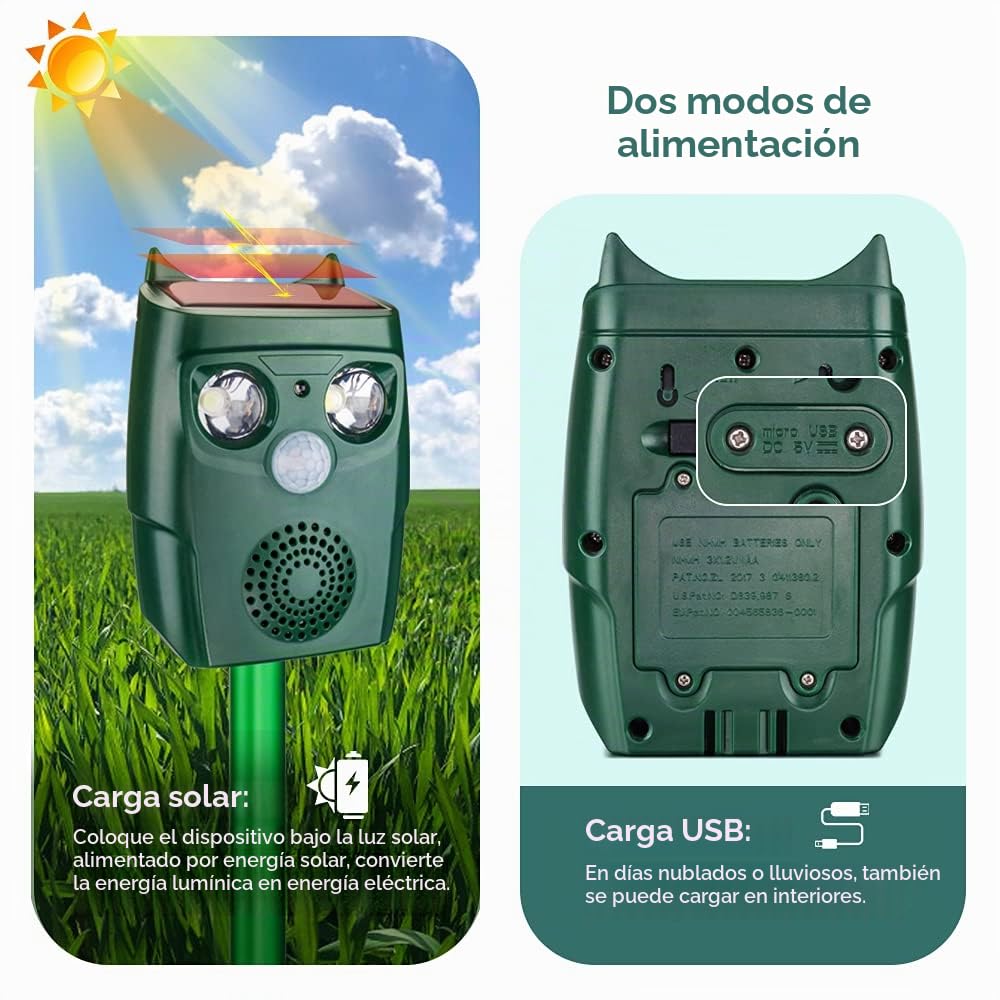 Repelente Gatos, 3 Modos Repelente Solar de Animales Ultrasónico, Repelente Ultrasónico de Topos para Uso al Aire Libre, Ratones, Perroas, Pájaros