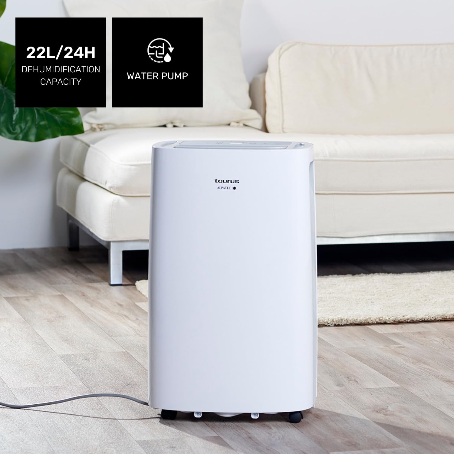 Taurus Pleasant - Deshumificador con nivel humedad, 22l/24h, superficies máx.45 m², temporizador, 2velocidades, silencioso, refrigerante R290, filtro extraible, indicador depósito lleno, ruedas, 340W