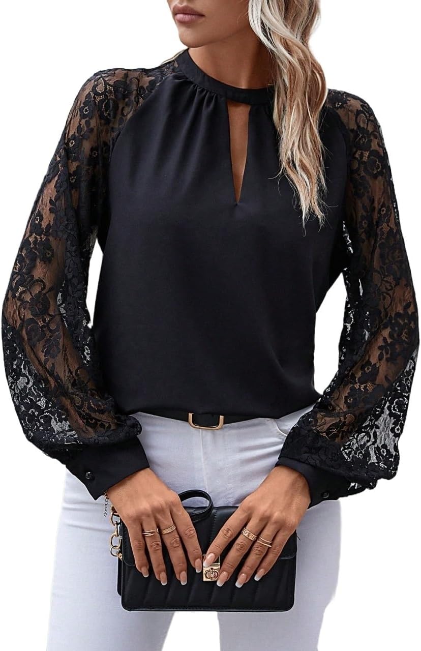 Women's Classic-Fit Shirt Lace Neckline Raglan Sleeve Blouse(Medium)