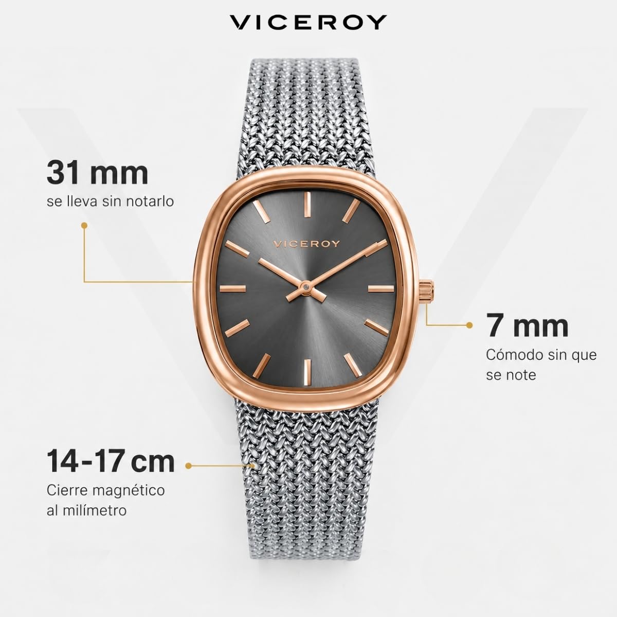 Viceroy Chic 401312-17 damski zegarek analogowy z trzema igłami, prostokątna koperta dwukolorowa IP róża, srebrna siatka mediolańska, brązowa tarcza