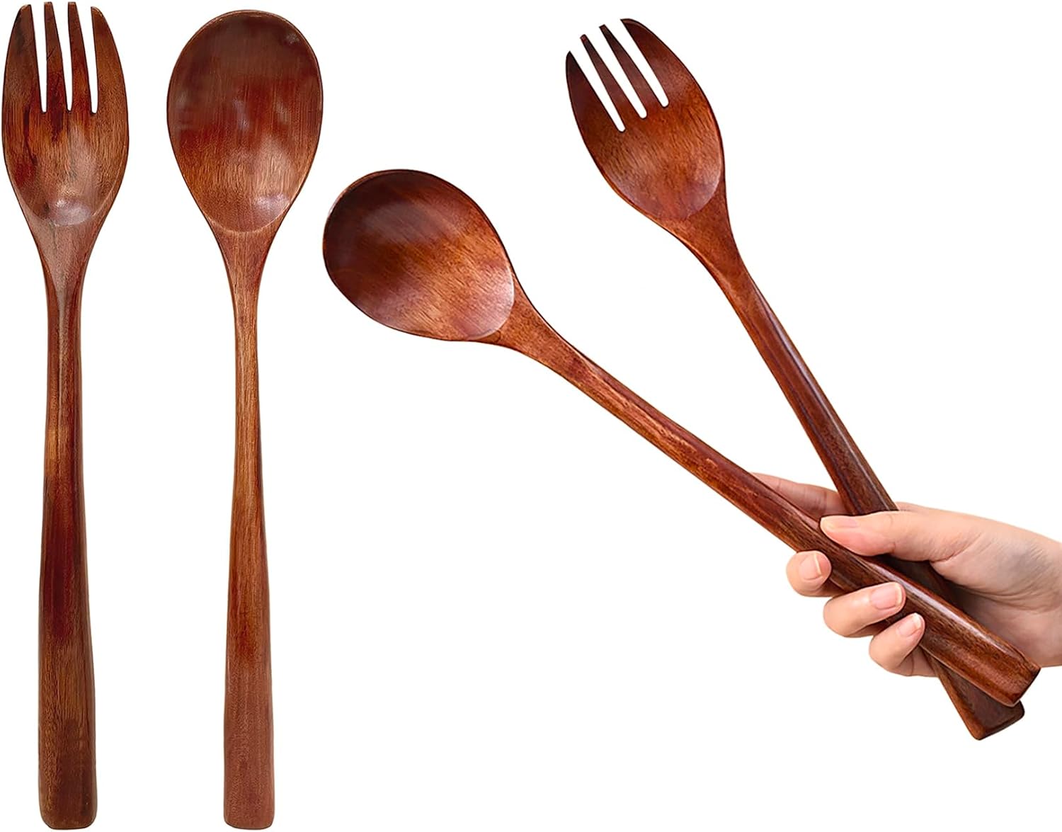 4 pcs Wooden Salad Servers (32 x 6.5 cm), Extra Long Handle Serving Spoon, Natural Phoebe Wood, Large Size Salad Tosser, Salad Spoon and Fork Set, for Mixing and Cooking (2 forks +2 spoons)