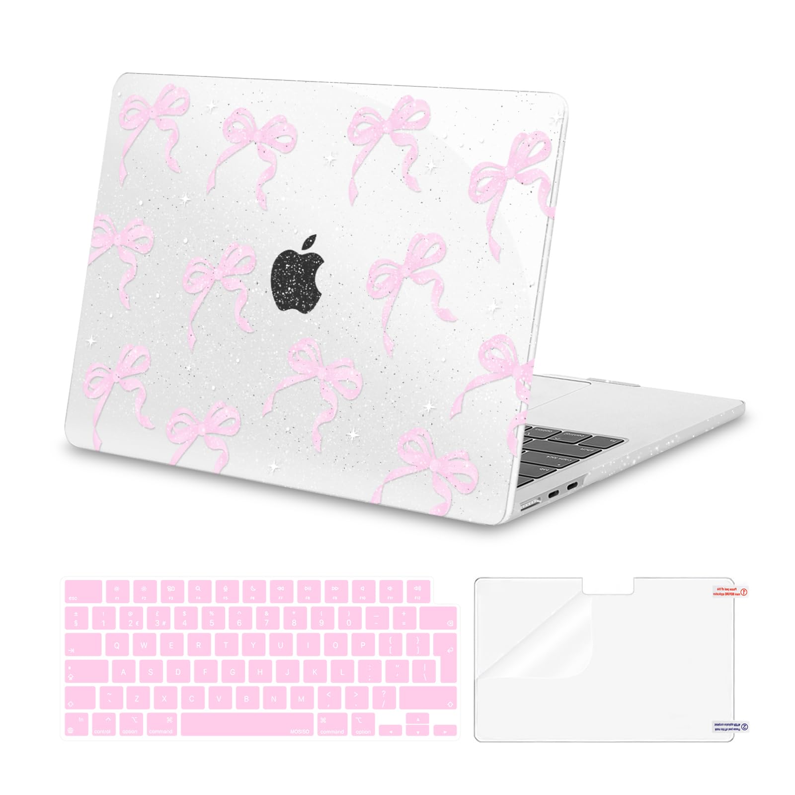 MOSISO Custodia Compatibile con MacBook Air 13 Cover 2025-2022 M4 A3240 M3 A3113 M2 A2681, Nastri Fiocchi Brillanti Plastica Rigida&Copritastiera&Pellicola per MacBook Air 13.6 Pollici Case, Rosa