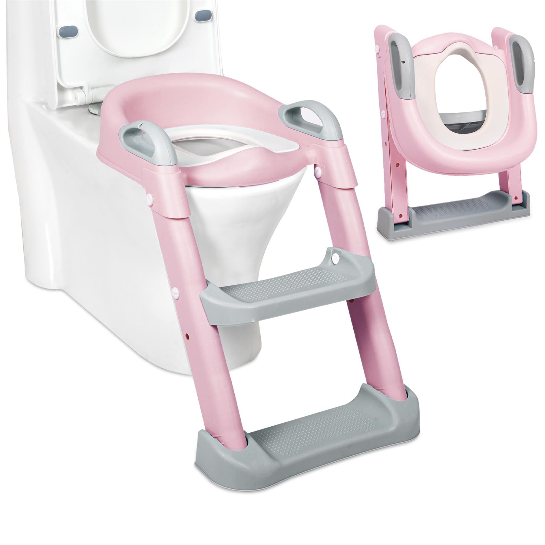 Potty Training Ladder Toilet Seat for Kids – Adjustable Step Ladder, Non-Slip, Safe, Comfortable, BPA-Free – Perfect Toddler Toilet Seat for Potty Training – Fits Most Standard Toilets (Pink)