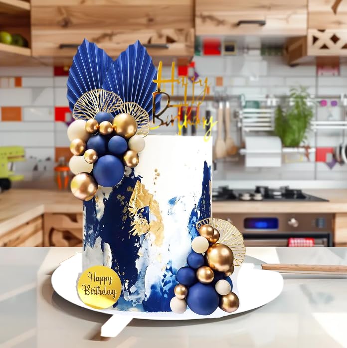Kit Decorazioni Torta Boho: Foglie Palma, Palline Blu E Code Di Cane – Topper Per Compleanno, Matrimonio E Baby Shower