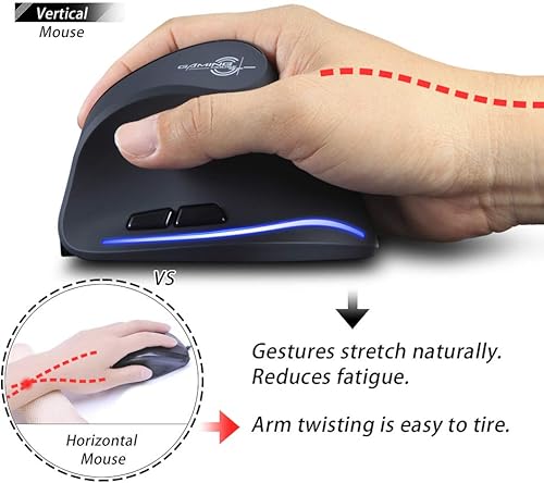 Vista 5 de ZLOT Ratón ergonómico recargable, 2.4G USB óptico LED vertical inalámbrico con 3 DPI ajustables 100016002400 y 6 botones para laptop, PC