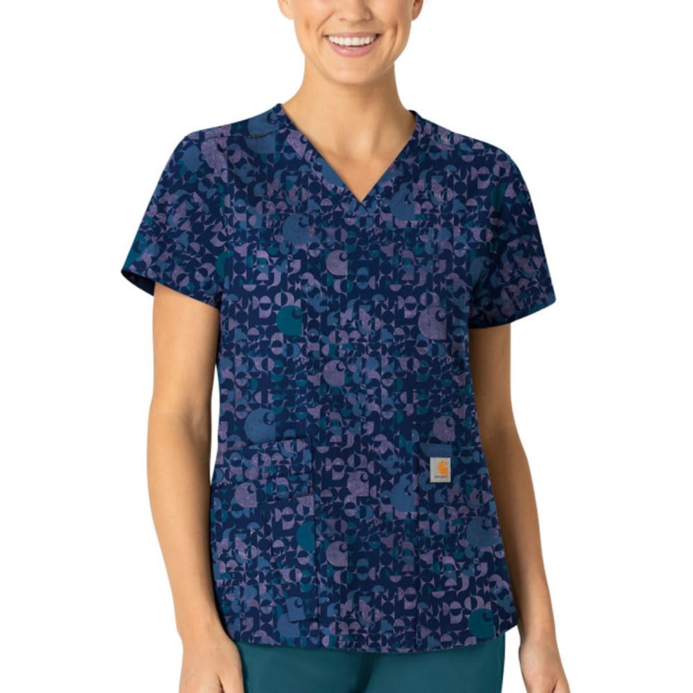 Carhartt Scrubs C13414 Women's Modern Fit V-Neck Print Scrub Top - Large Regular - Geo Logo Navy