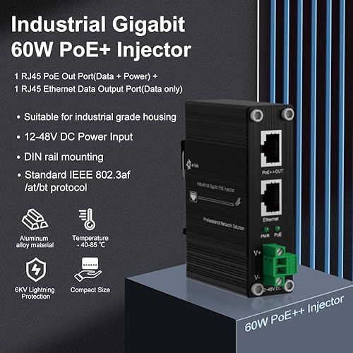 Miniatura 8 de E-link Inyector industrial Gigabit PoE++ 48V CC PoE++ 95W hasta 328.1 ft de salida, montaje en riel DIN adaptador PoE de alta potencia endurecido