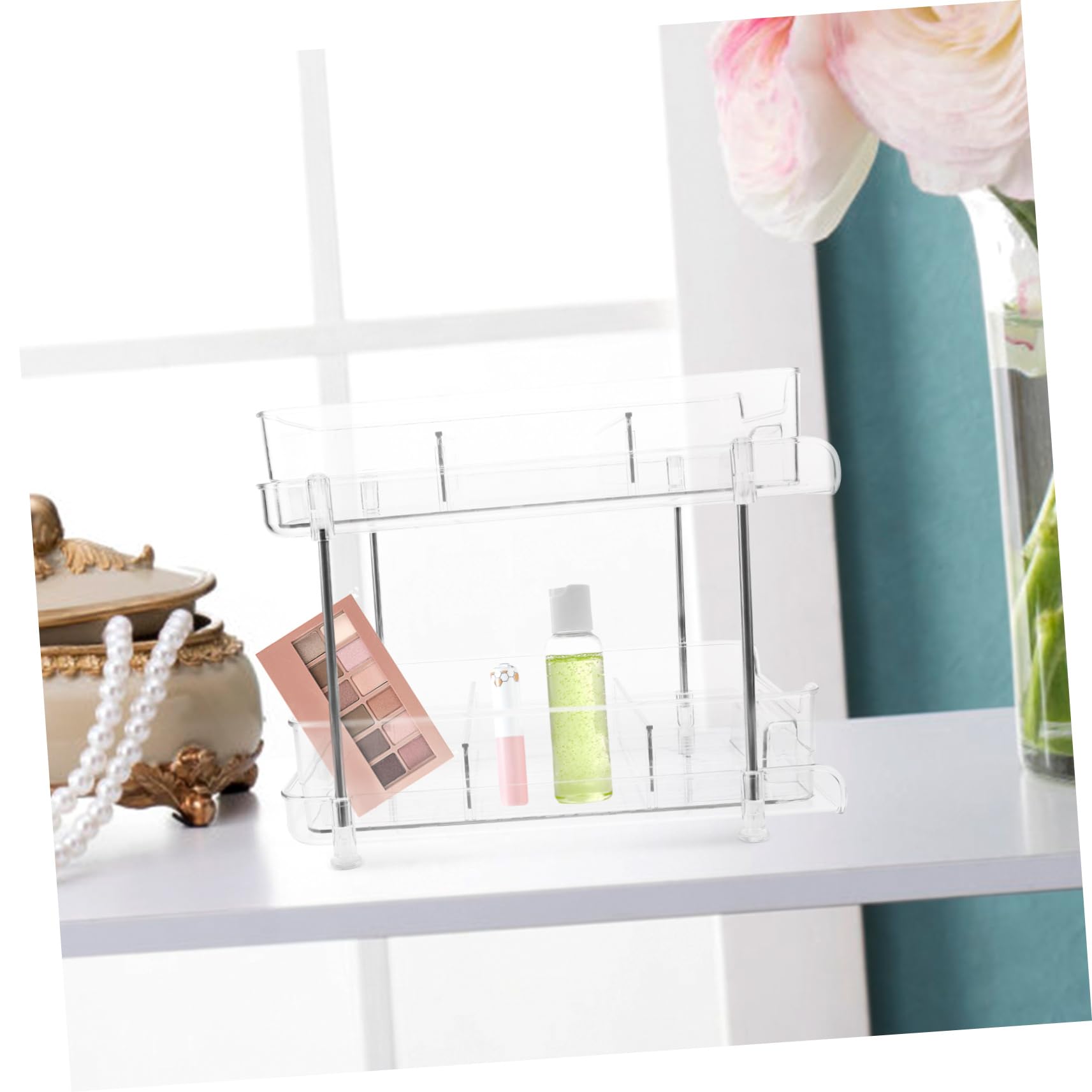 Zerodeko Organisateur de Toilette Double Couche Transparent en Pet et Acier Inoxydable, Solide et Stable, Tiroir Coulissant pour Salle de Bain et Maison, Rangement Pratique sur Plan