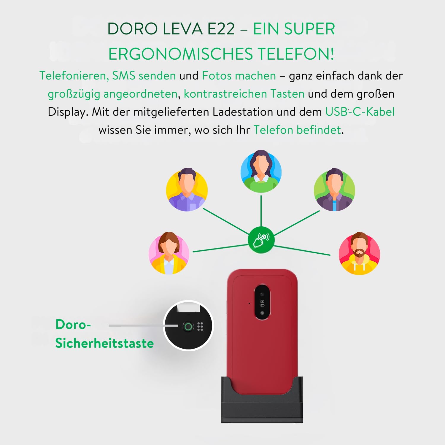 Doro - Telefon Leva E22 – 4G Klapphandy für Senioren – 2,8 Zoll Display, kontrastreiche Tasten, besonders klarer Klang, HD Voice, Kamera, Secure-Taste – Inklusive Ladestation – Schwarz/Weiß