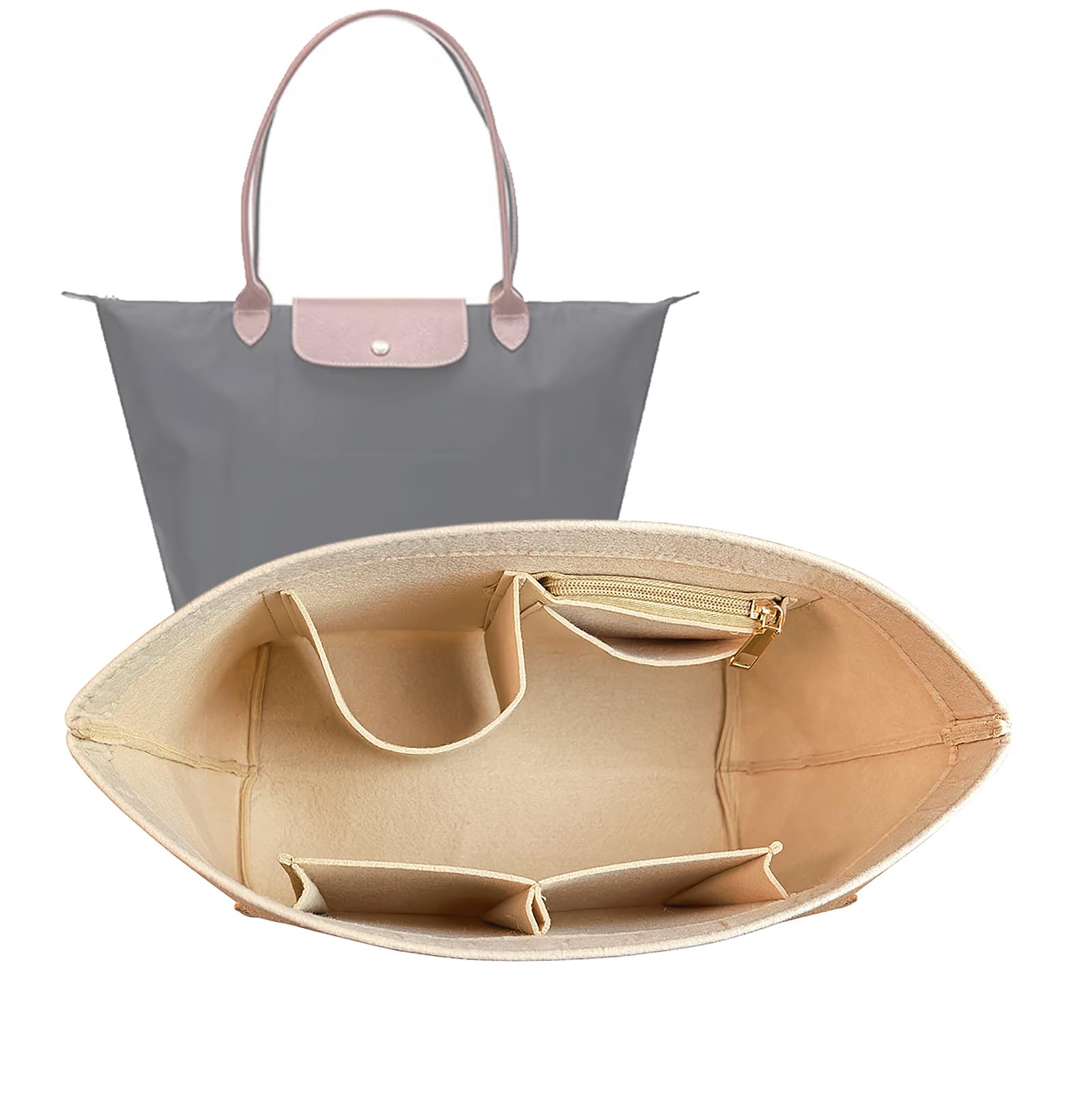 Lckaey Purse Organizer Insert for Longchamp, Premium Felt Long Champ Le Pliage Handbag Organizer Large beige