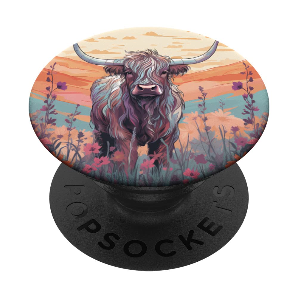 Funny Cute Floral Hairy Scottish Highland Cow Farmers PopSockets Adhesive PopGrip
