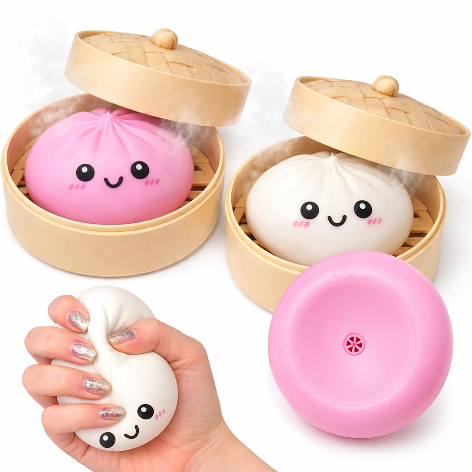 2pcs Whistle Bao Dumpling Squishy Set Fidget Supplies Birthday Gifts for Women Men Squishy Supplies White Pink with Steamer Box Soft and Cute Bao Dumpling Supply for Adults Friends Home Office