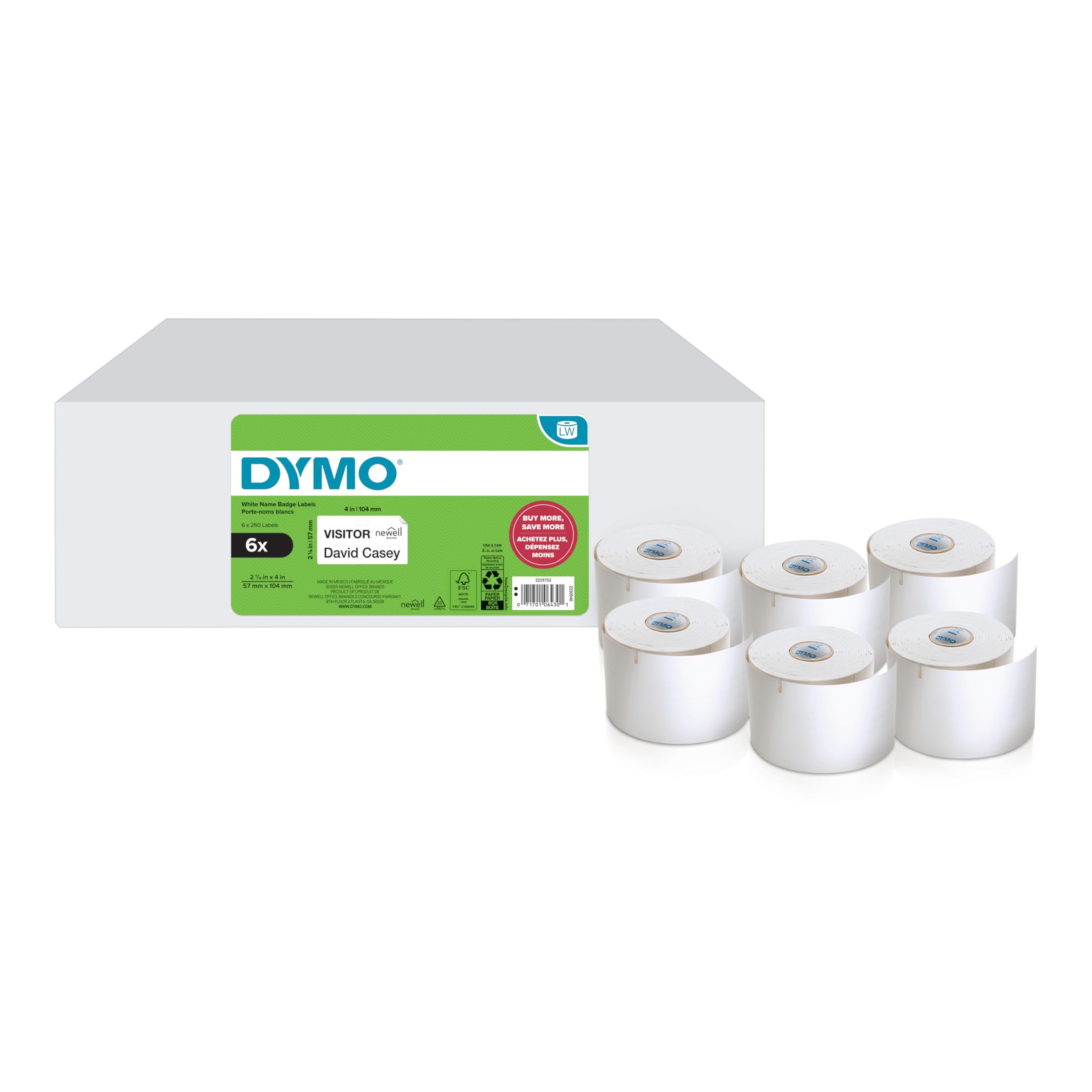 DYMO LabelWriter Lot de 6 rouleaux de 250 étiquettes d'expédition autocollantes pour étiqueteuses LabelWriter 57 mm x 104 mm