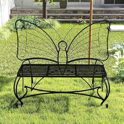 WZONICE98 Butterfly Cast Iron Garden Bench, Outdoor Patio Bench for 2 Persons, Metal Park Bench for Yard, Garden, Entryway, Weather Resistance, Easy Assembly & Mobility Black