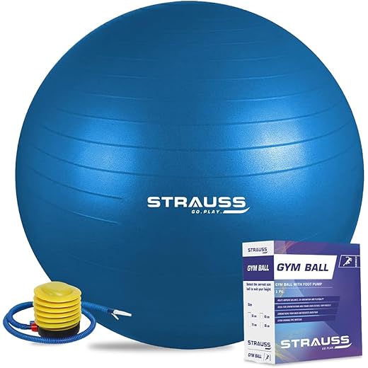 STRAUSS Anti-Burst Rubber Gym Ball with Free Foot Pump | Round Shape Swiss Ball for Exercise, Workout, Yoga, Pregnancy, Birthing, Balance & Stability, 85 cm, (Blue)