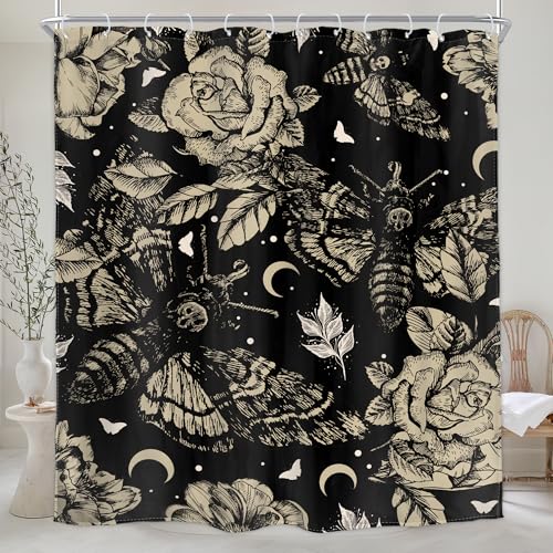 Homewelle Gothic Moth Skull Shower Curtain Black Floral Death Head Vintage Butterfly Flowers Plants 72Wx72H Inch Retro Moon Night Starry Sky Mysterious Waterproof Polyester Fabric Bathroom Bathtub