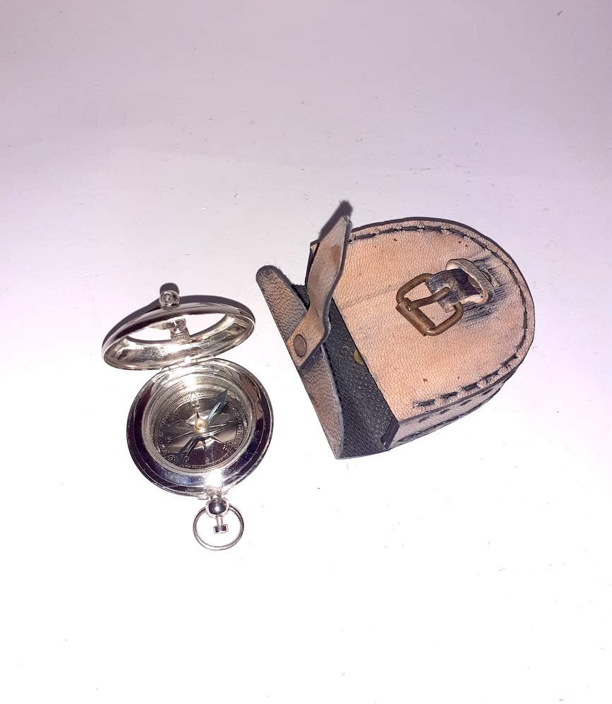 Sundial Compass with Lather Case 1 3/4" or 45mm Diameter, Large Brass Sundial Compass, Working Antique Reproduction - Desk for Men, Nautical